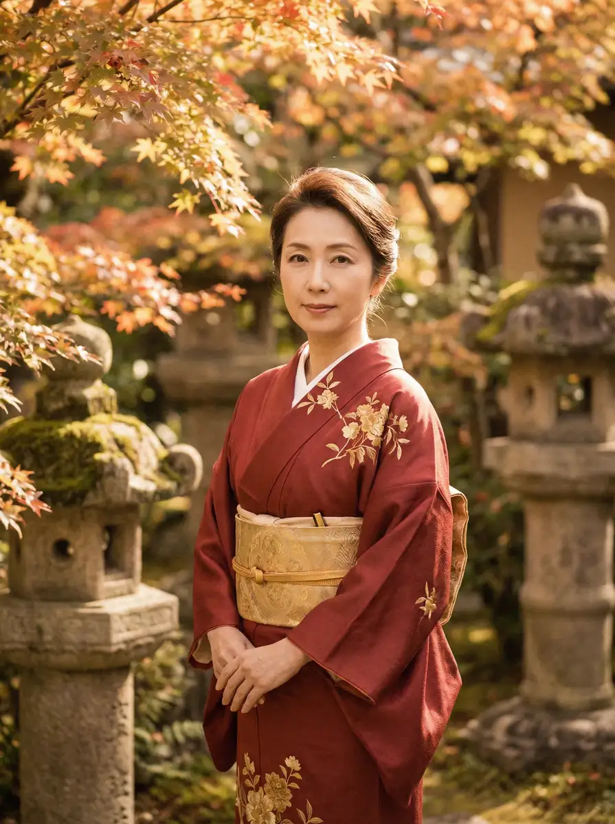 一位身穿暗红色和服的优雅 女神视频-魅力女神直播秀|全网高清视频播放器 在日式庭院中