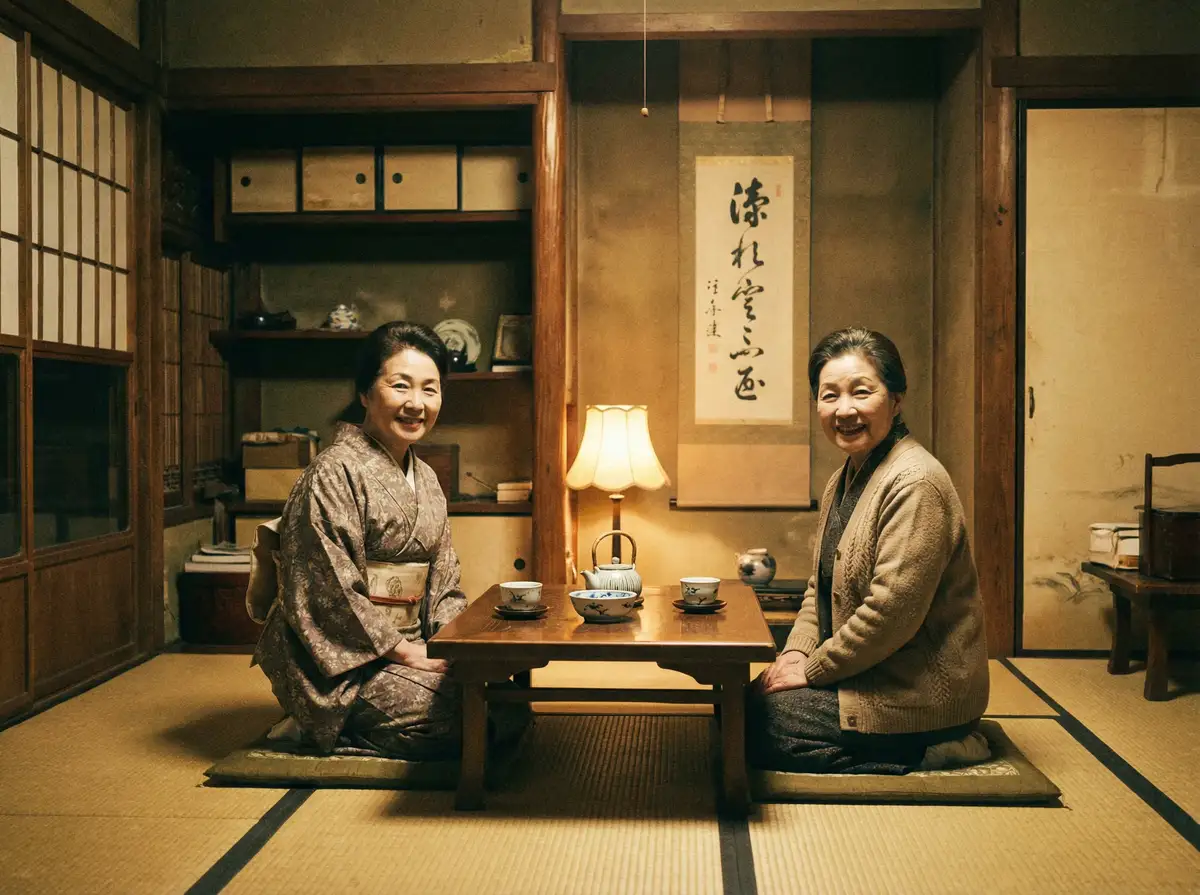 两位优雅的 女神视频-魅力女神直播秀|全网高清视频播放器 在日式茶室中品茶交谈